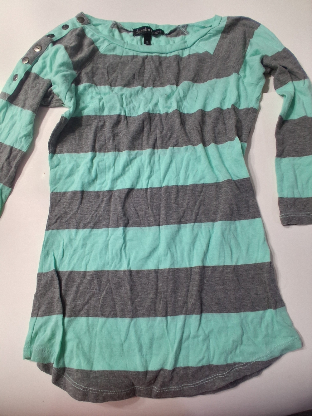 Derek Heart Women’s Small Aqua Gray Striped Long Sleeve Tunic Top Button Detail